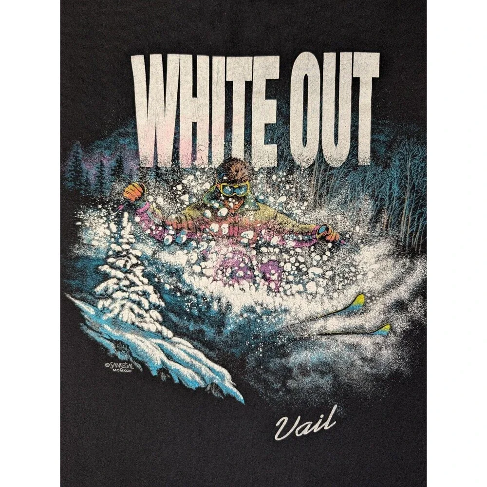 Vintage 90s White Out Ski Vail Colorado Snow T Shirt Mens XL Single Stitch Black